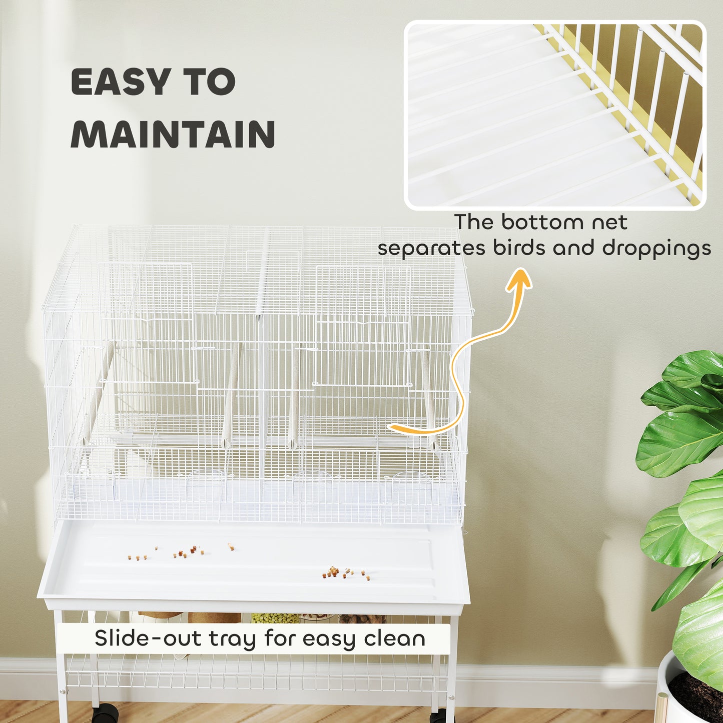 Bird Cage with Divider, 4 Wooden Perches, Slide Out Tray, 4 Feeders, for Budgie, Lovebird, Canary, 76 x 46 x 116cm White