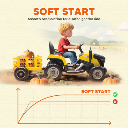 12V Ride on Tractor and Trailer with Remote Control, Music, Shifter, Start-Up Sound, for Kids Ages 3-8 Years, Yellow