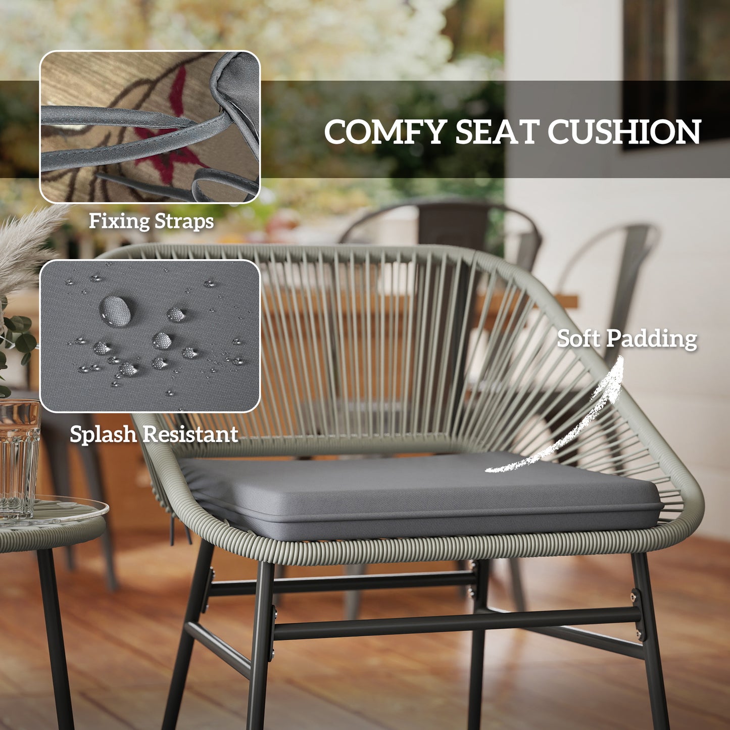 3 Pieces Rattan Bistro Set, Wicker Small Garden Table and Chairs Set with Cushions and Glass Top Coffee Table