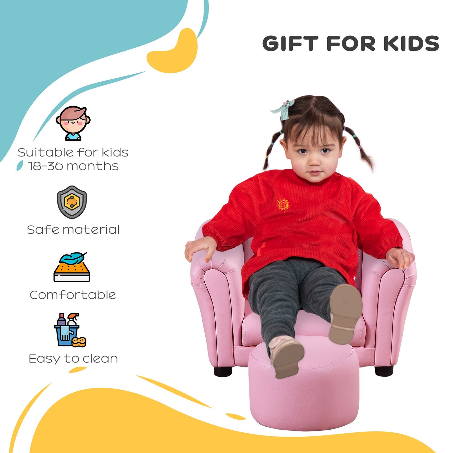 Toddler Chair Single Seater Kids Sofa Set, 54 x 42 x 41cm, Kids Sofa with Stool, Pink