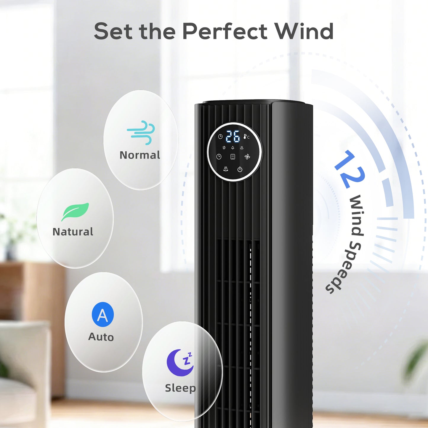 28dB Tower Fan for Bedroom, 36 inch, 8 m/s Velocity Standing Cooling Fan with 80° Oscillating, BLDC Motor, 12 Speeds