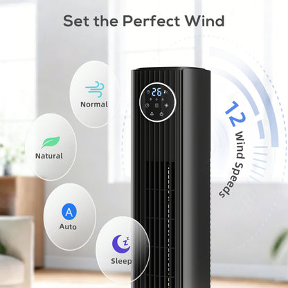 28dB Tower Fan for Bedroom, 36 inch, 8 m/s Velocity Standing Cooling Fan with 80° Oscillating, BLDC Motor, 12 Speeds