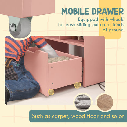 Kids Bookshelf, Toy Organiser, with Storage Drawer, Wheels - Pink