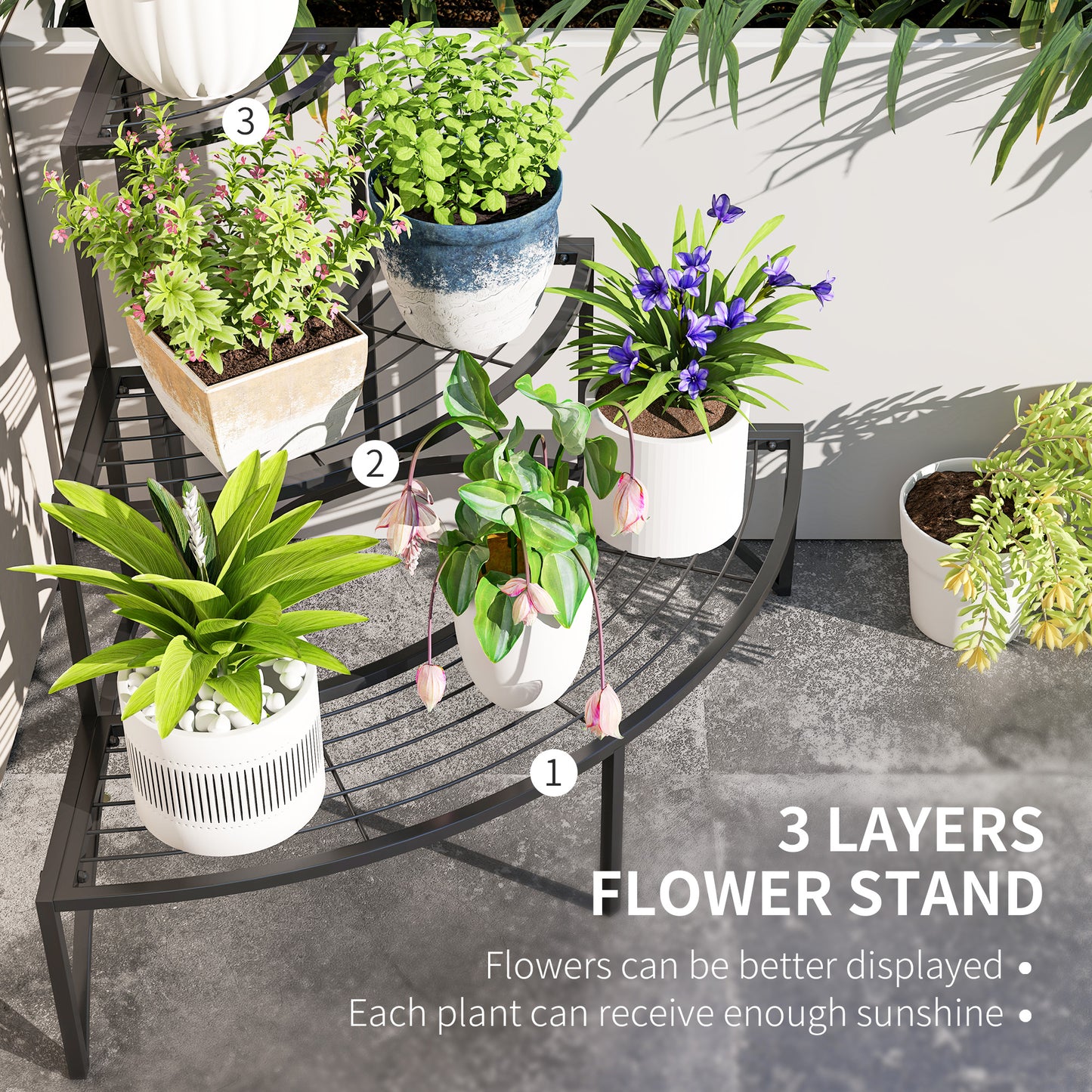 Three-Tier Corner Metal Plants Shelves - Black