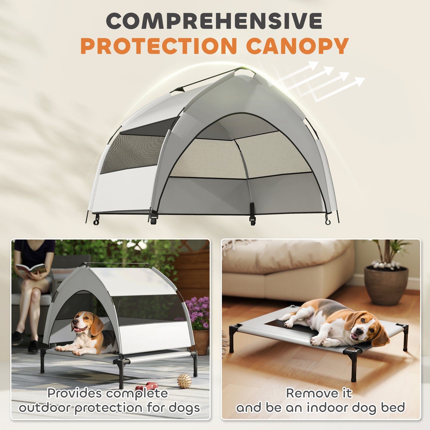 Portable Elevated Dog Bed with Removable Canopy, Cooling Raised Pet Cot for Small Medium Dogs, 76 x 61 x 70 cm