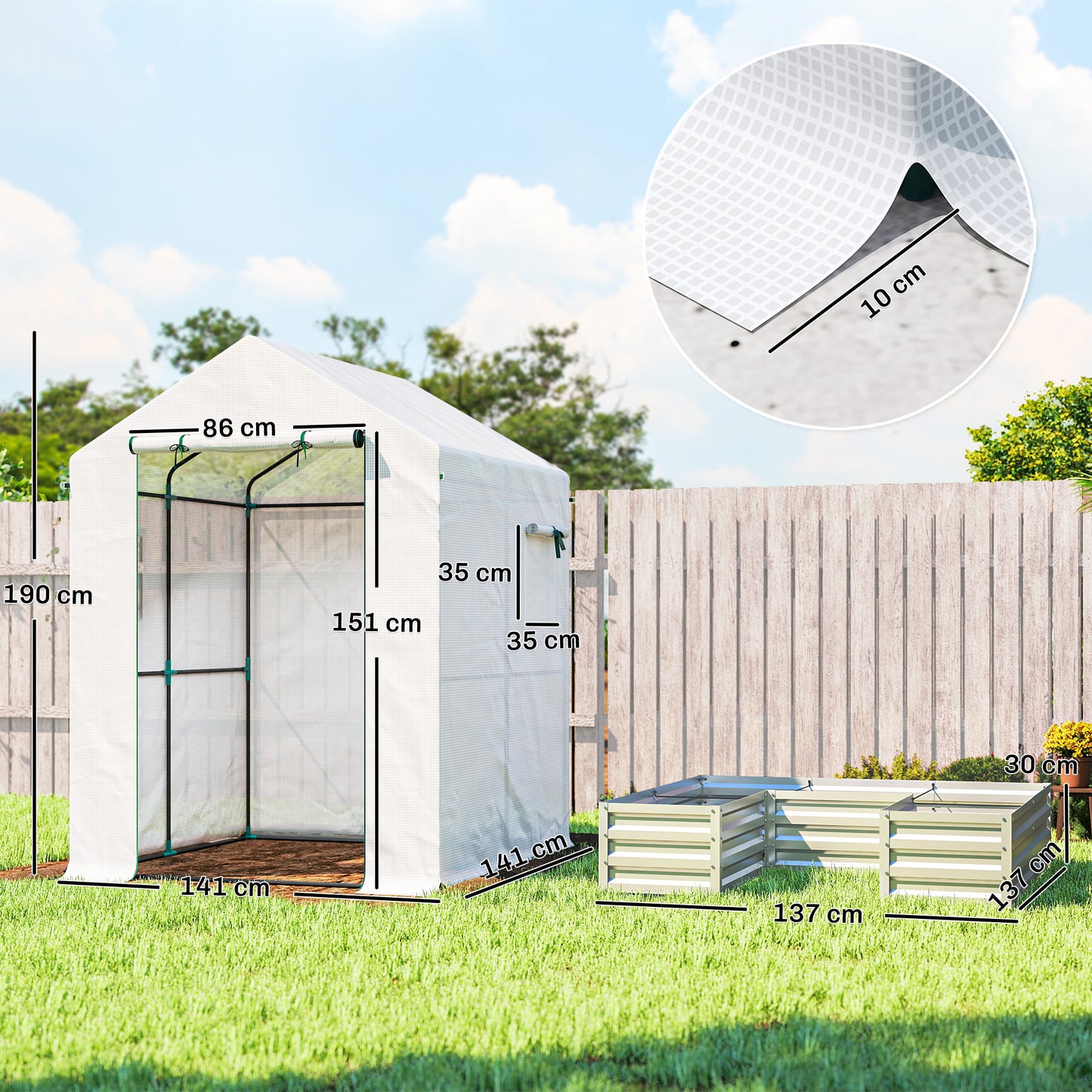 Small Greenhouse with Raised Garden Bed, Galvanised Walk-in Greenhouse with Roll Up Windows, 141 x 141 x 190 cm, White