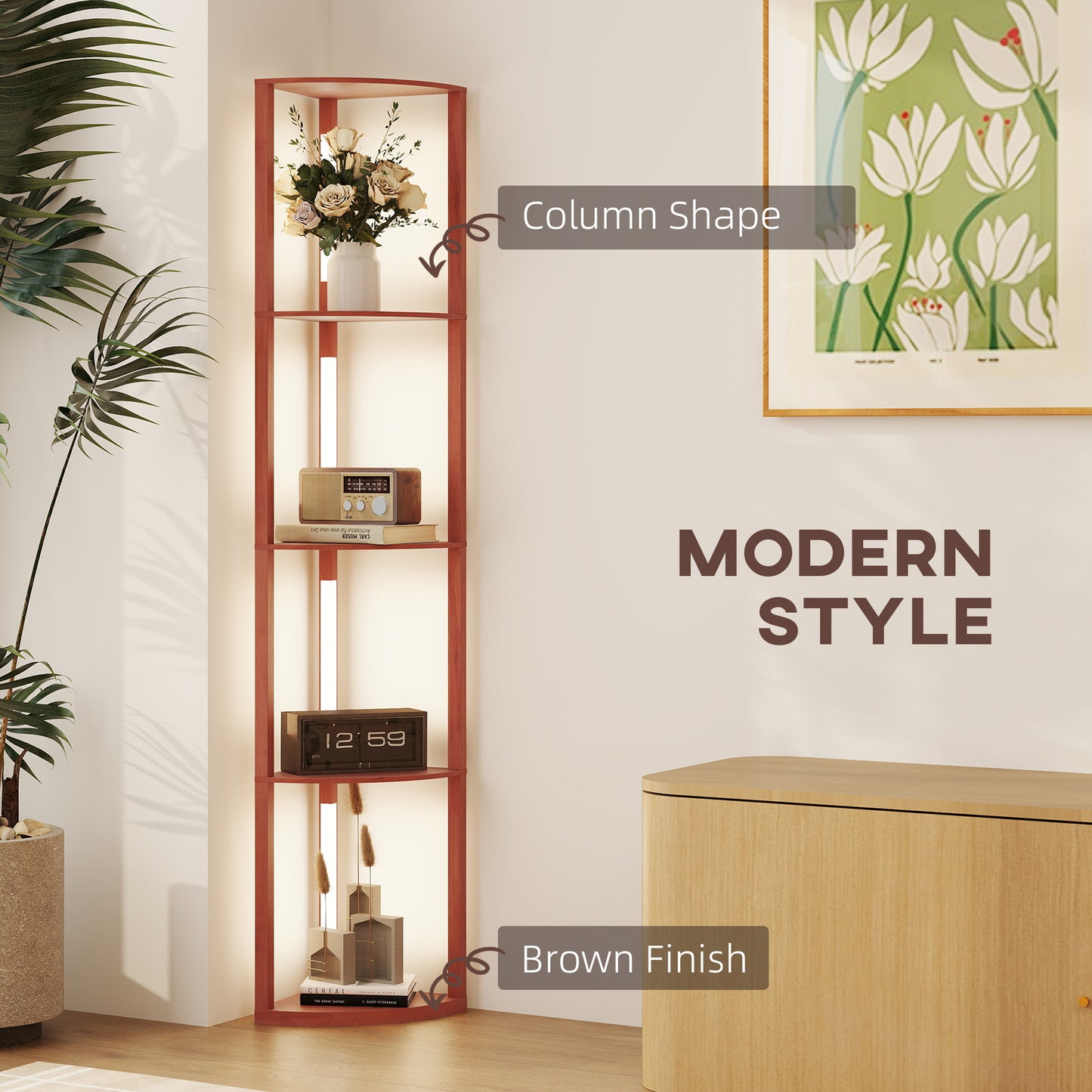Corner Floor Lamp for Living Room Bedroom with Warm White LED Light, Modern Tall Standing Lamp, Brown