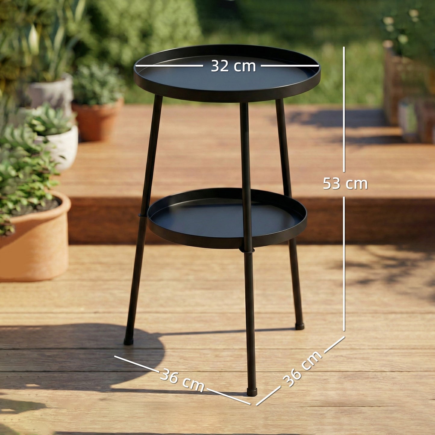 Patio Side Table, 2-Tier Round Coffee End Table for Garden Balcony Living Room Bedroom, Black