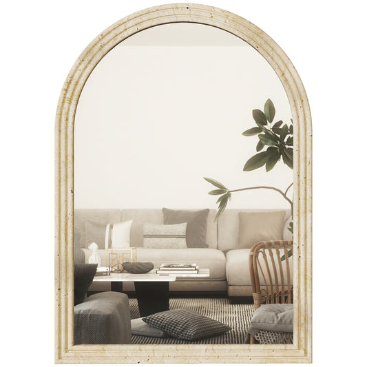 Arched Wall Mirror with Grooved Edge & Hooks, Wall-Mounted Mirror, Modern Tempered Glass & Polystyrene Beige