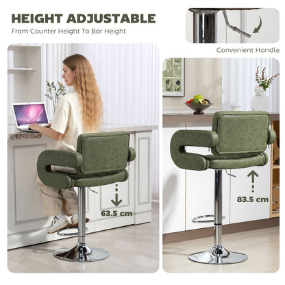 PU Leather Upholstered Swivel Bar Stool, Height Adjustable with Back, Armrest, Footrest, Green