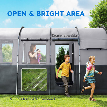 4 Person Camping Tent, Waterproof Family Tent, Tunnel Design, 4 Large Windows, Sleeping Cabins 3000mm Water Column Grey