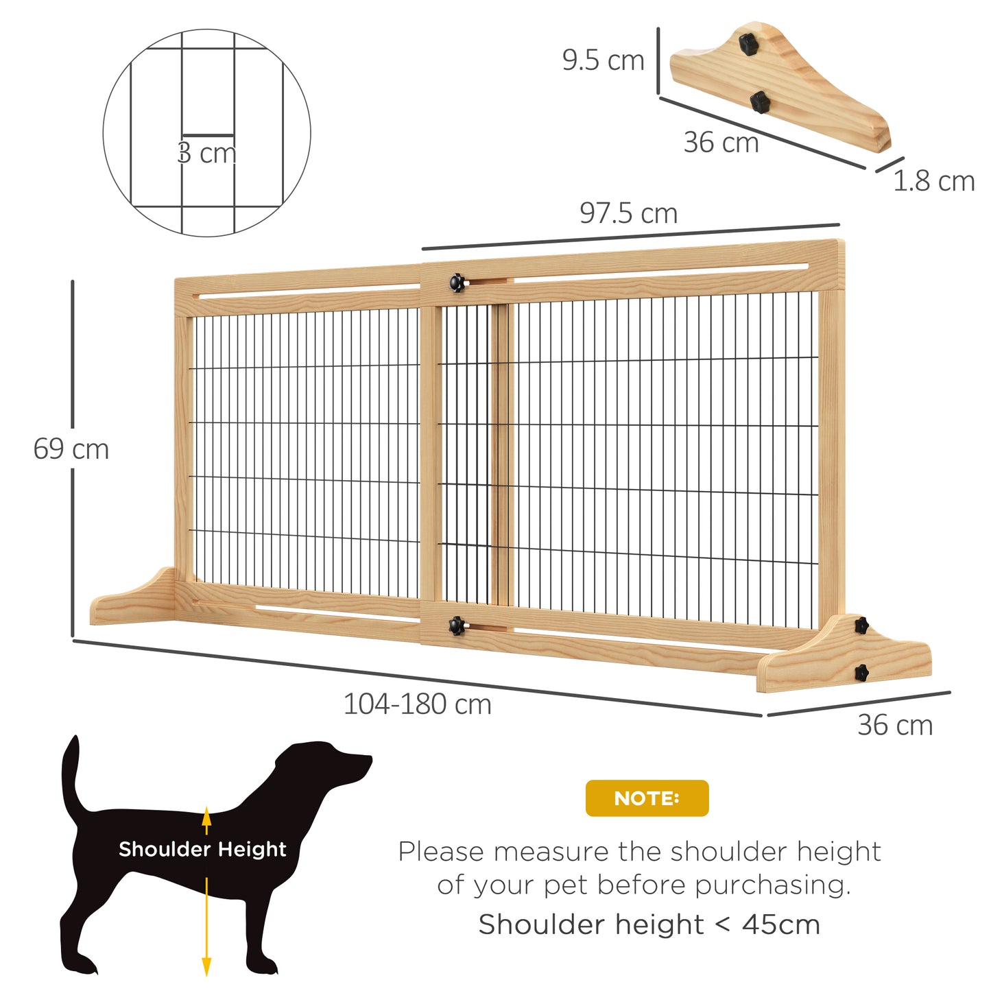 Freestanding Dog Gate, Foldable Pet Fence, Indoor Wood Barrier, Stair Gate with Support Feet, for Doorway, Hallway