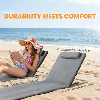 Set of 2 Foldable Garden Beach Chair Mat Lightweight Outdoor Sun Lounger Seats Adjustable Back Metal Frame PE Fabric Head Pil