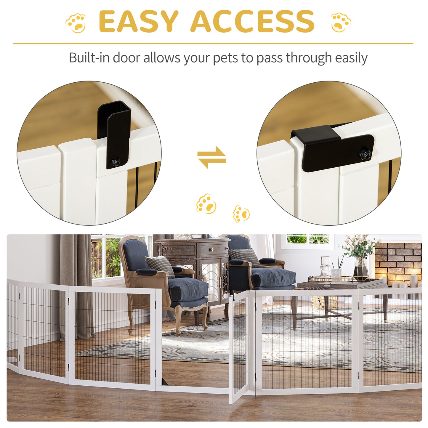 Wooden Pet Gate, Freestanding Dog Safety Barrier with 2 Support Feet, White