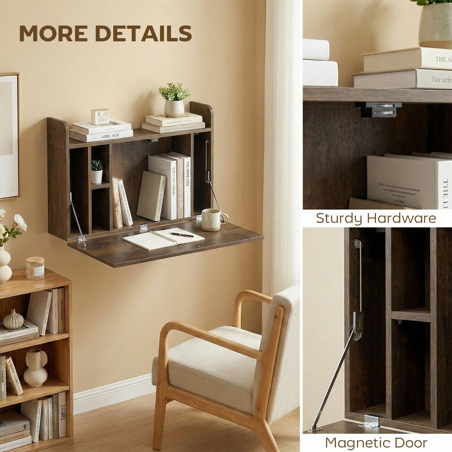 Wall Mounted Desk, Drop Leaf Floating Laptop Desk with Space Saving Storage Compartments for Home Office, Dark Brown