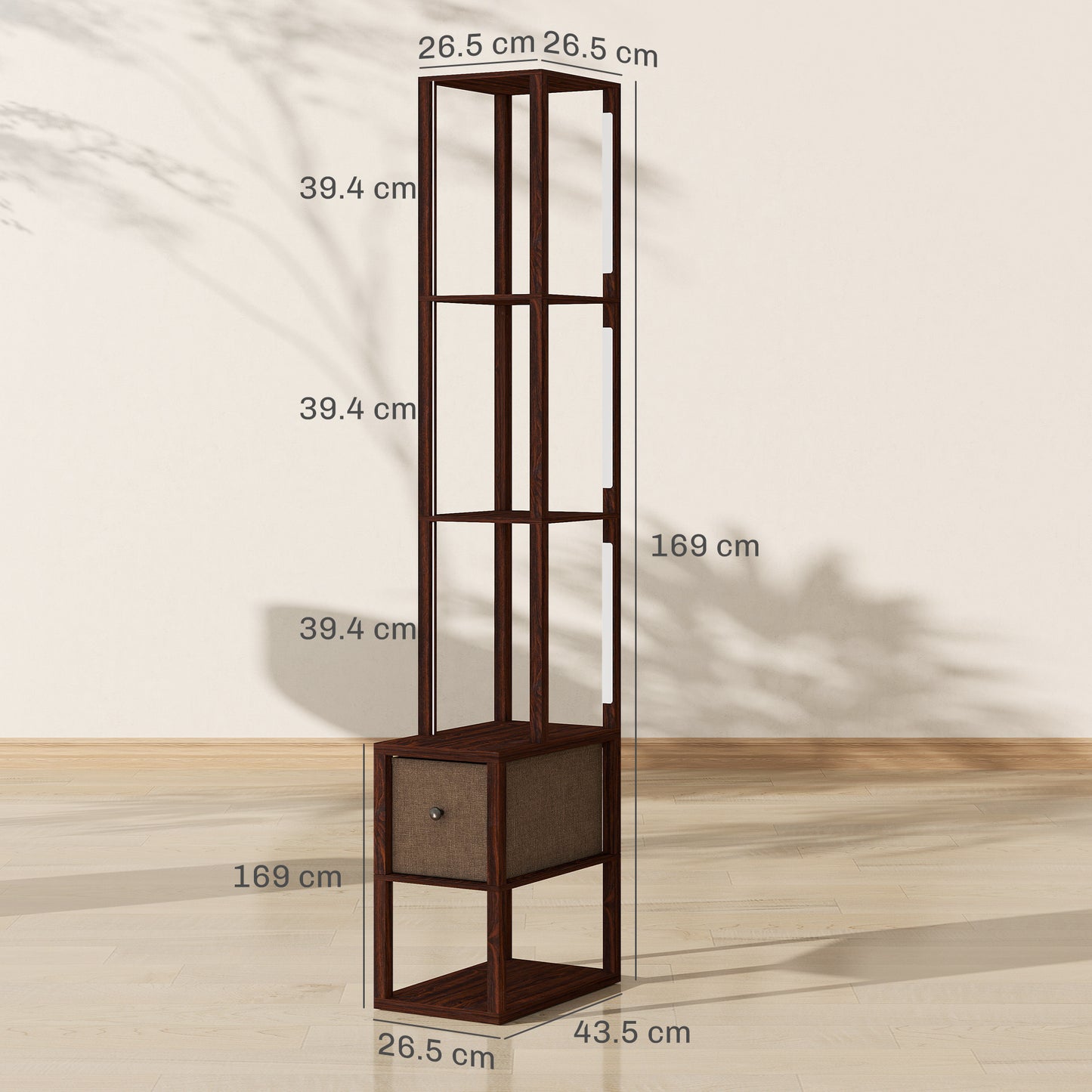 Floor Lamp with Shelves, LED Column Modern Standing Lamp with Fabric Drawer, Adjustable Brightness