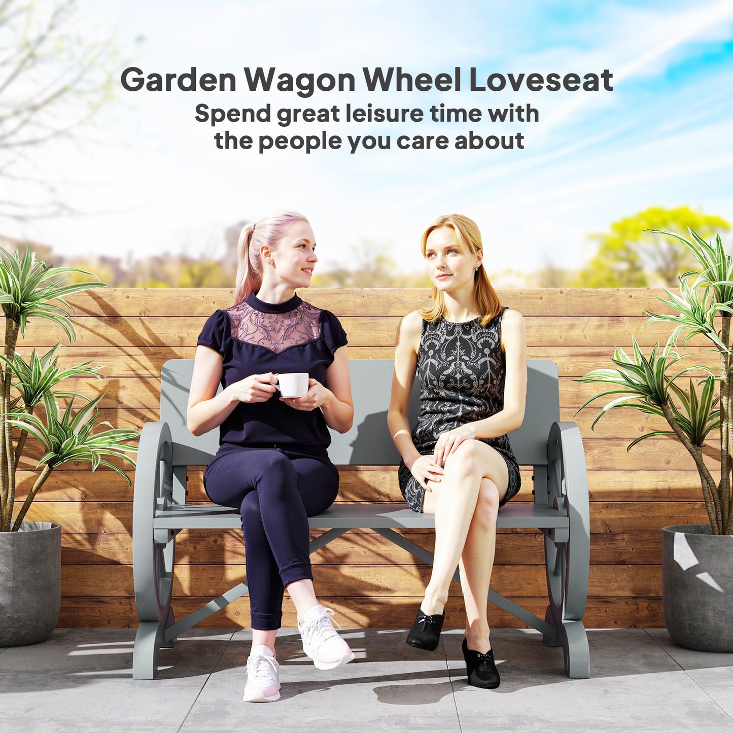 Fir Wood 2-Seater Outdoor Garden Wagon Wheel Bench, Grey
