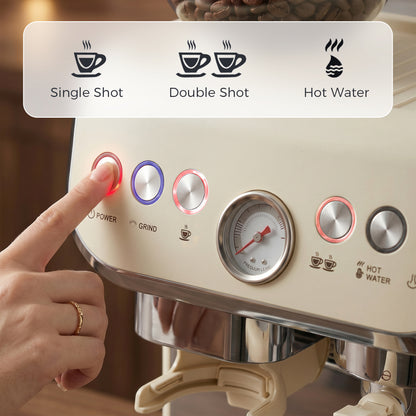 15 Bar Coffee Machine, with Adjustable Grind, Steamer and Accessories - Cream White