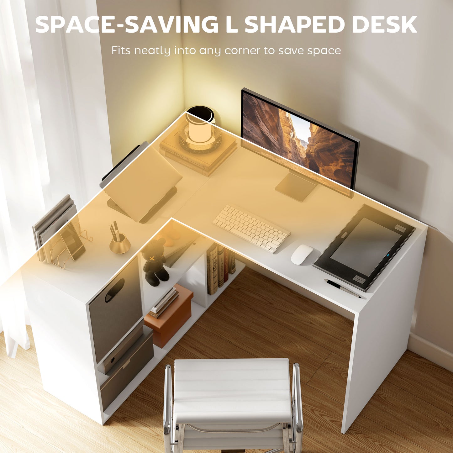 L Shaped Computer Desk, 110 x 100cm Reversible Corner Desk with Fabric Drawer and Storage Shelves, White