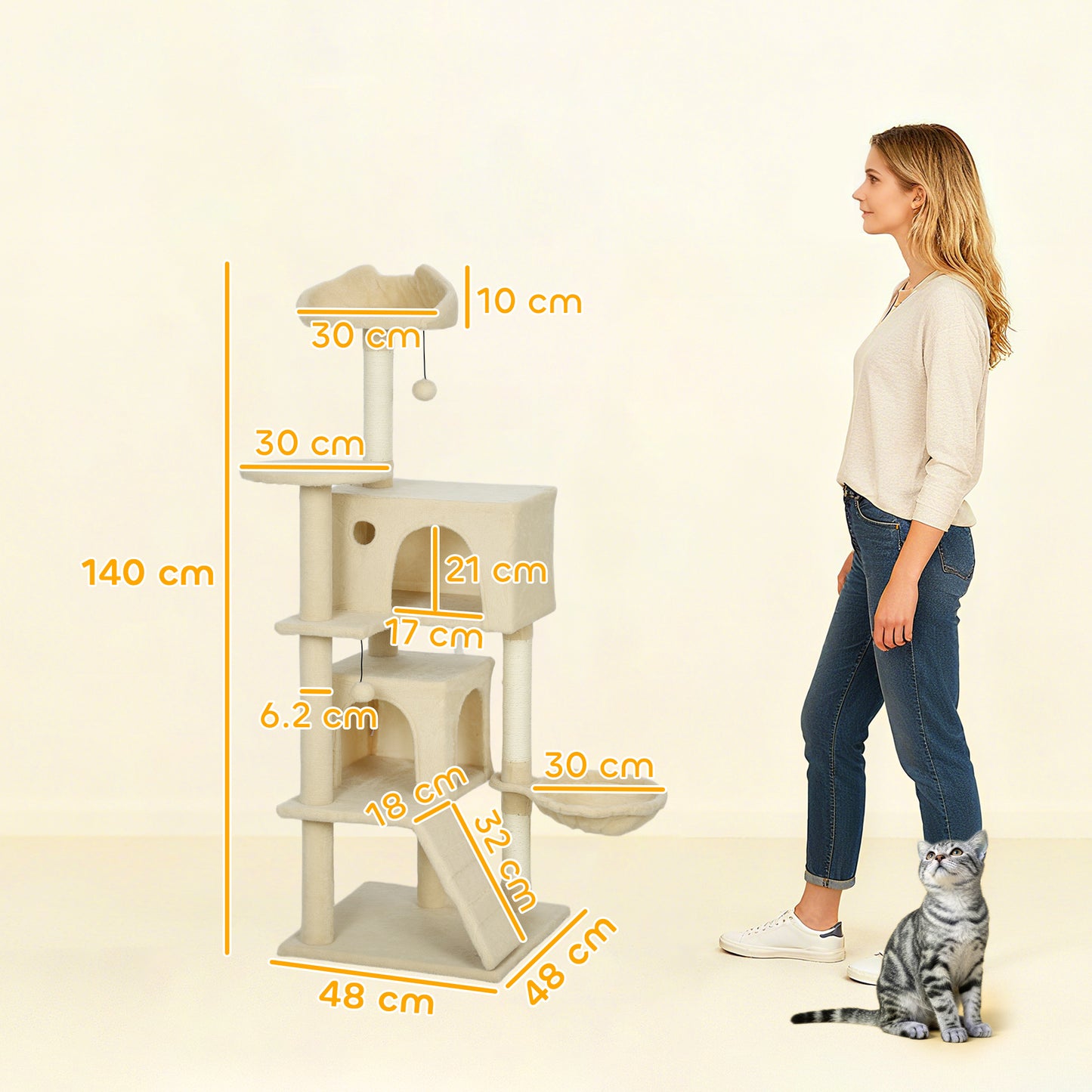 140cm Large Cat Tree Tower with Sisal Scratching Posts, Plush Perches, Hammock, Beige