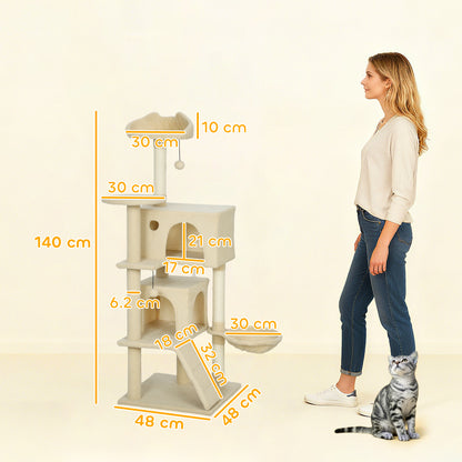 140cm Large Cat Tree Tower with Sisal Scratching Posts, Plush Perches, Hammock, Beige
