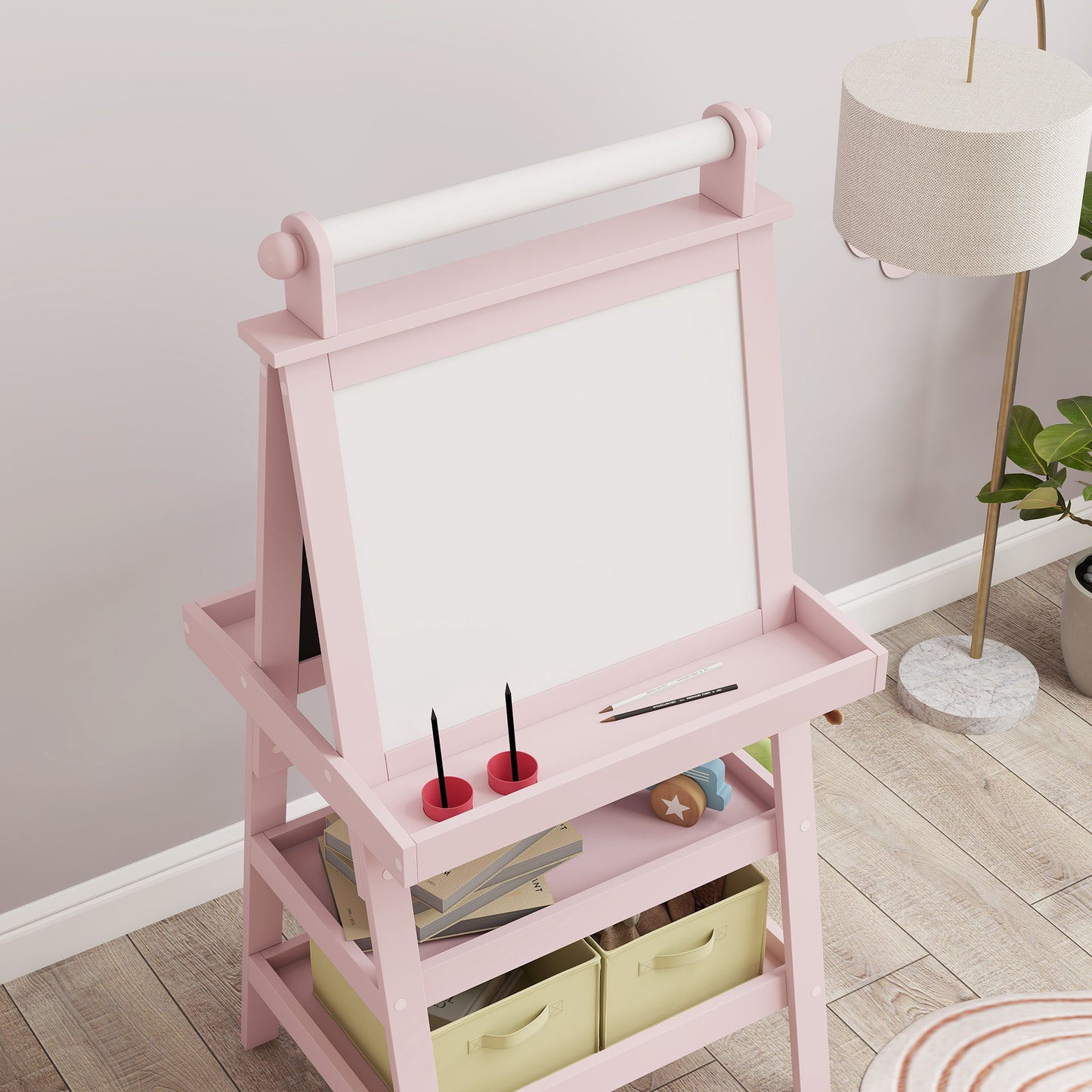 3 in 1 Kids Easel Double-Sided Magnetic Whiteboard and Chalkboard with Paper Roll, Storage Baskets - Pink