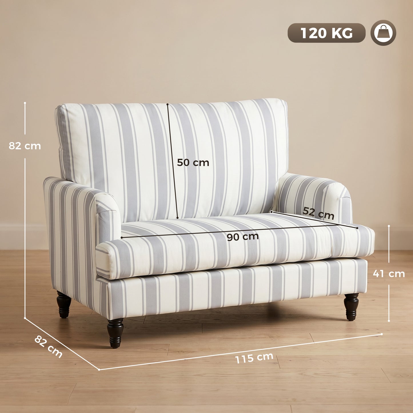 Velvet Single Sofa Armchair, Modern Accent Chair with Stripes, Turned Legs and Wide Seat, Grey