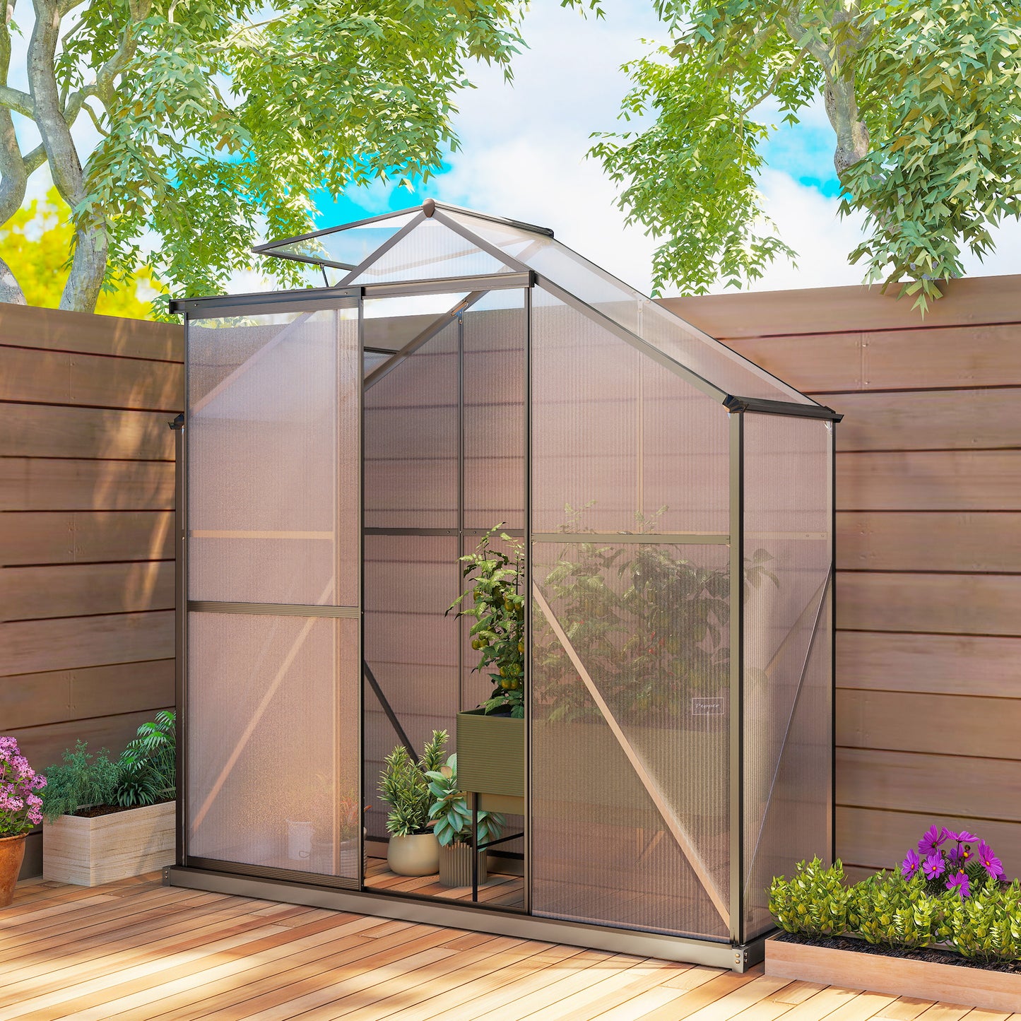 6 x 2.5ft Polycarbonate Greenhouse Walk-In Green House with Rain Gutter, Sliding Door, Window, Foundation, Dark Grey