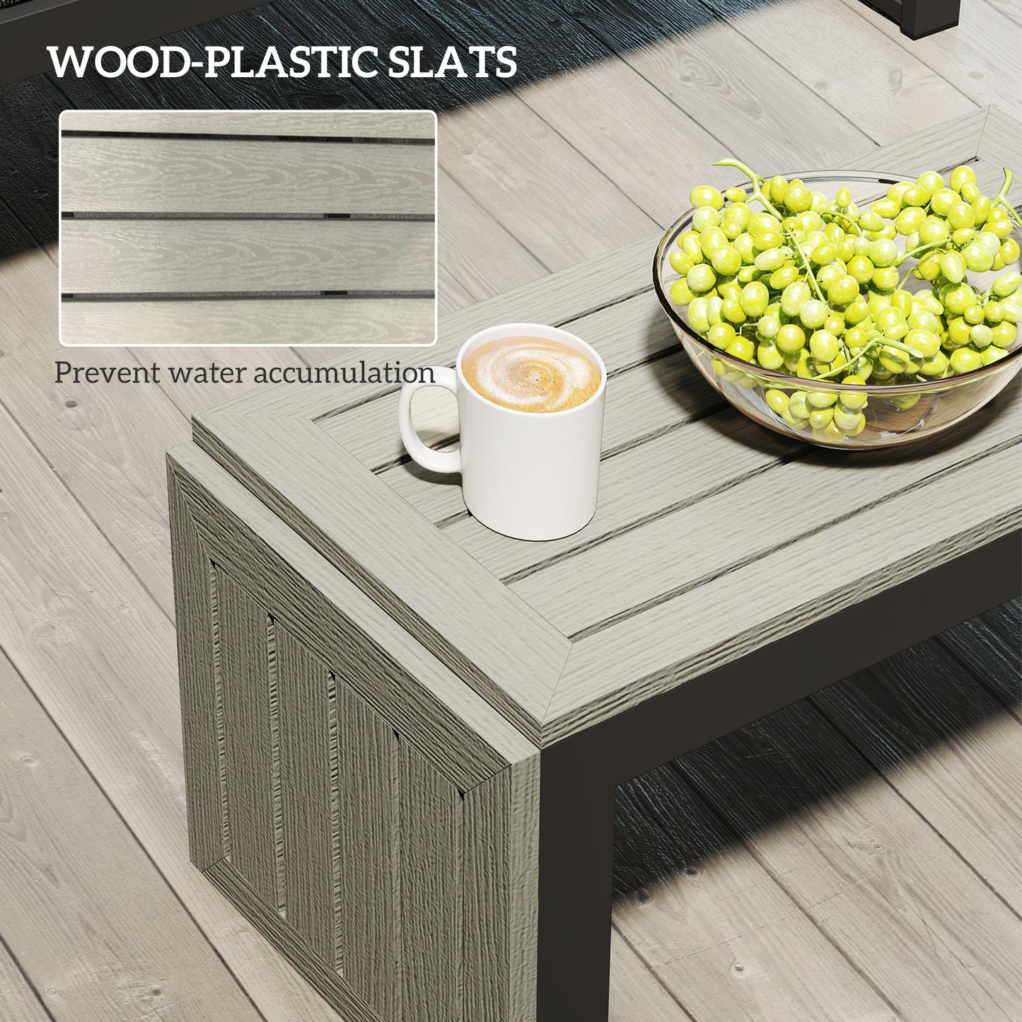 4 Seater L Shaped Aluminium Sectional Garden Furniture Set with 2 Loveseats and Wood-Plastic Coffee Table - Dark Grey