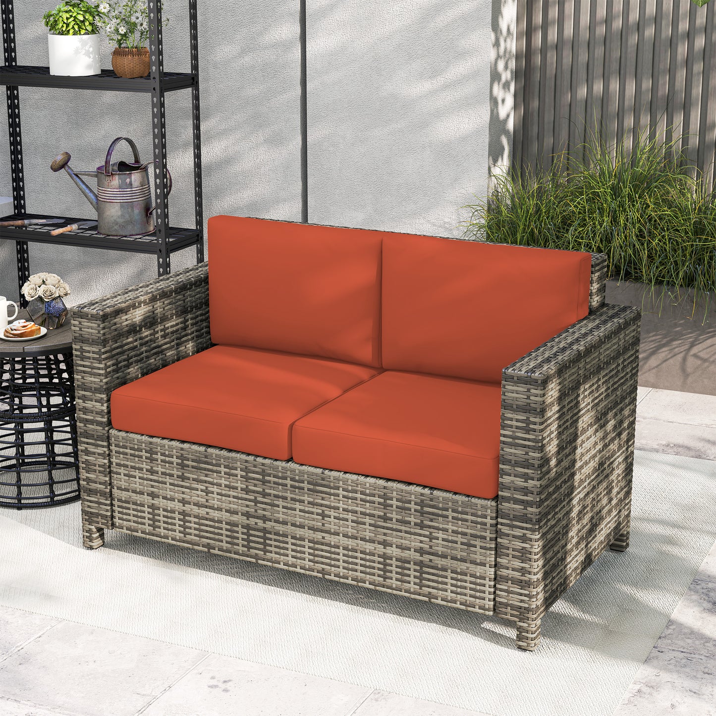 Rattan Sofa, 2 Seater Garden Furniture with Soft Padded Cushion and Armrests, Wicker Garden Loveseat for Patio, Grey