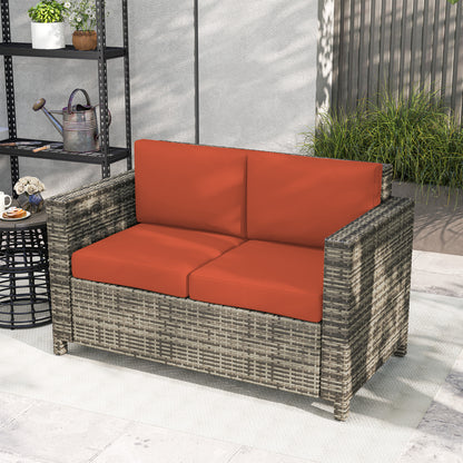 Rattan Sofa, 2 Seater Garden Furniture with Soft Padded Cushion and Armrests, Wicker Garden Loveseat for Patio, Grey