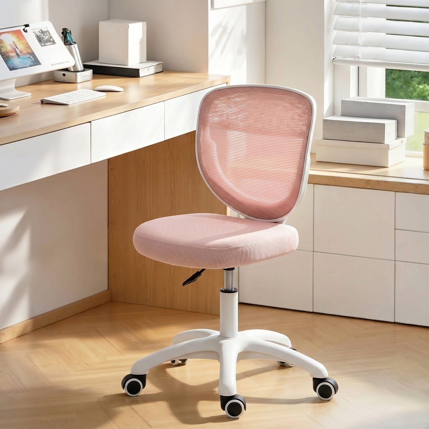 Office Chair, Armless Computer Desk Chair with Breathable Mesh, Adjustable Height, Swivel Wheels, Pink