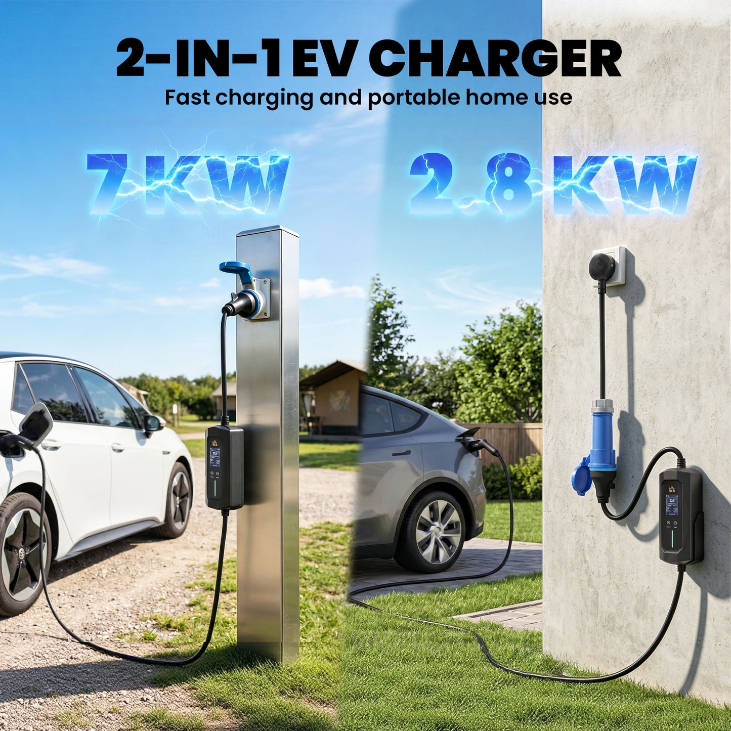 EV Charger 7kW Type 2 to CEE 32A Plug with UK Adapter, 10 m, 6-32A, Electric Car Charger w/ 1-12 h Time Delay