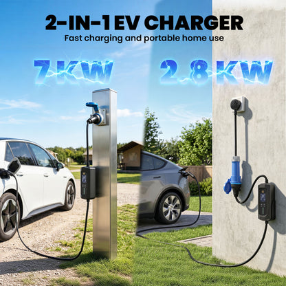 EV Charger 7kW Type 2 to CEE 32A Plug with UK Adapter, 10 m, 6-32A, Electric Car Charger w/ 1-12 h Time Delay