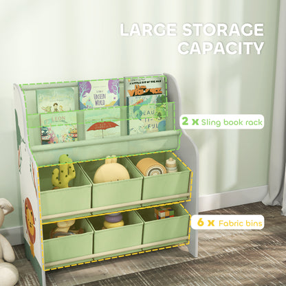 Kids Storage Unit, Toy Organiser with 6 Fabric Drawers and 2-Tier Sling Book Rack for Bedroom, Playroom, Nursery, Green