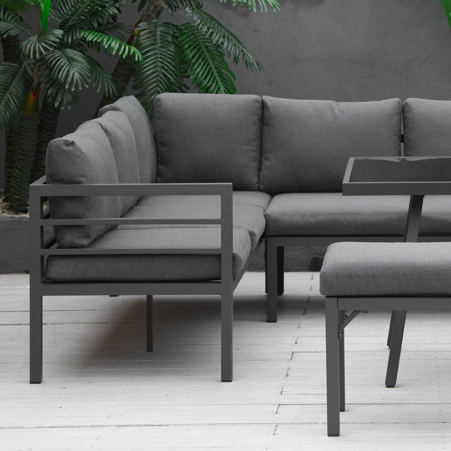 4 Piece L-shaped Garden Furniture Set 8-Seater Aluminium Outdoor Dining Set Conversation Sofa Set w/ Bench