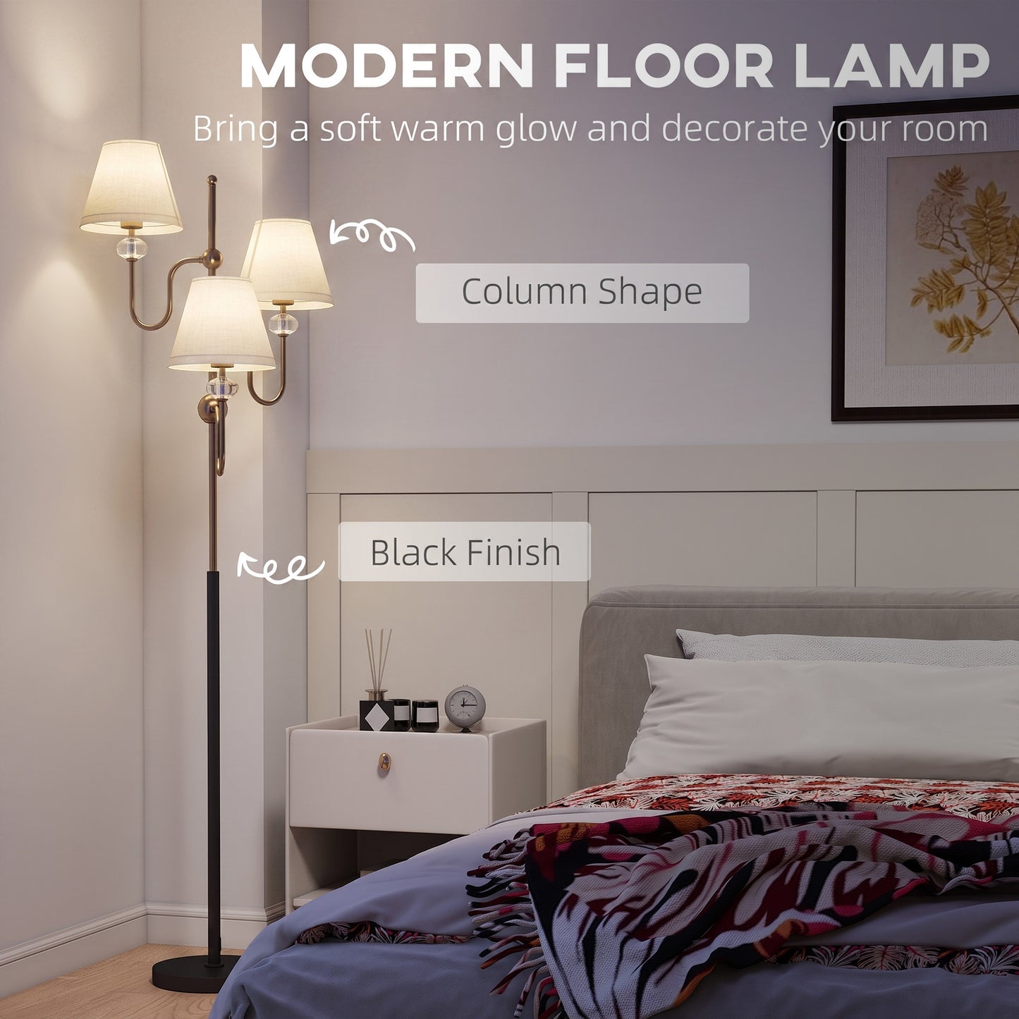 Floor Lamp, 165 cm Tall Standing Lamp with 3 Light and Foot Switch for Living Room, Bedroom, Bedside, Office