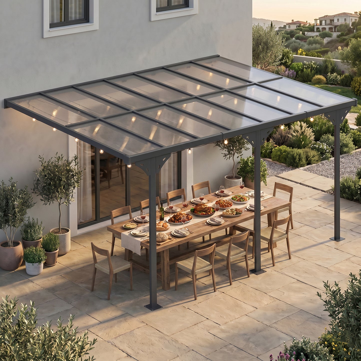 4.35 x 3m Outdoor Patio Gazebo Pergola, Retractable Pergola Canopy Aluminum Post & PC Roof, Grey