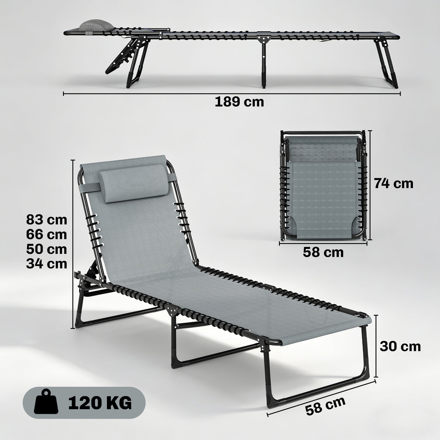 Folding Sun Lounger, with Four-Position Back - Light Grey