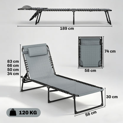 Folding Sun Lounger, with Four-Position Back - Light Grey