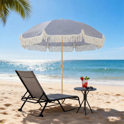 1.7 m Beach Umbrella with Sand Anchor, 30° Tilting Fringed Beach Garden Parasol with Adjustable Height, Blue