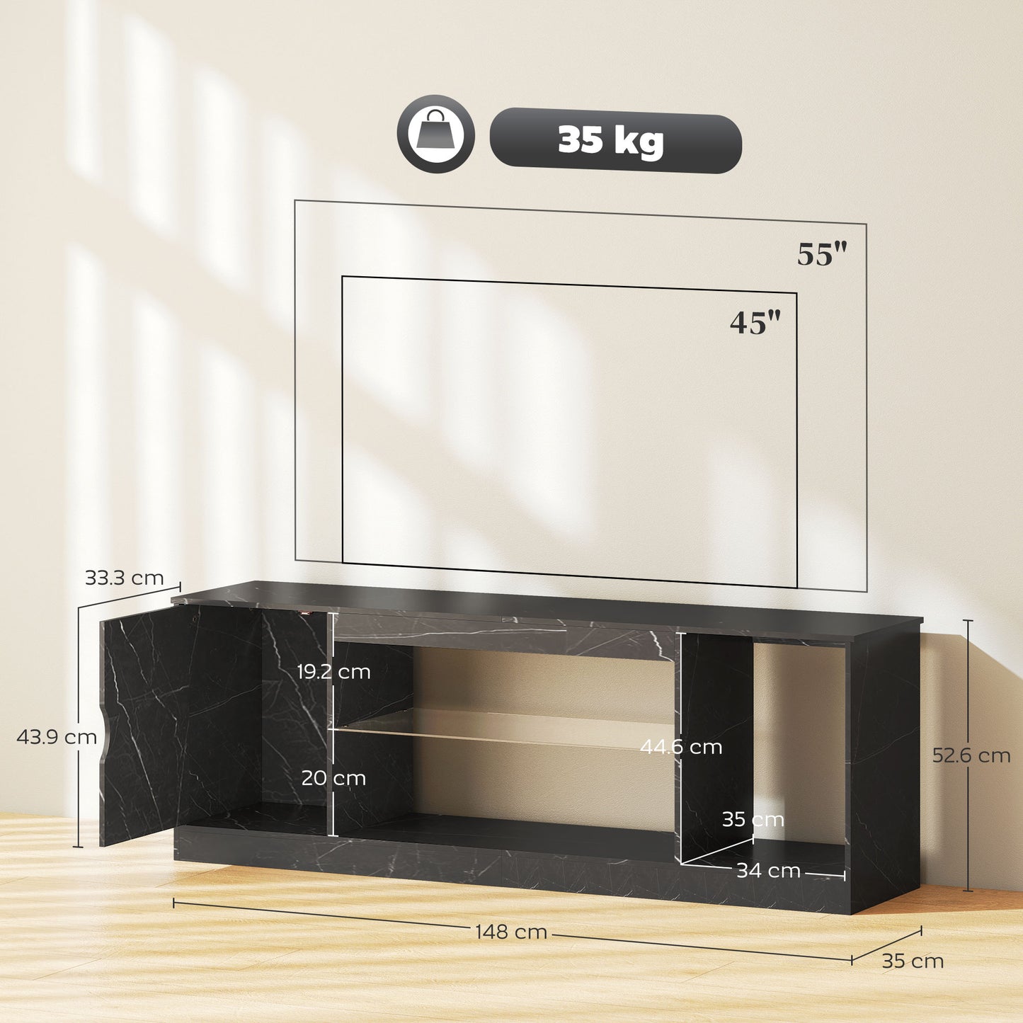 TV Stand Cabinet, Marble Effect TV Unit for up to 55" TVs with Glass Shelf and Storage Cabinet
