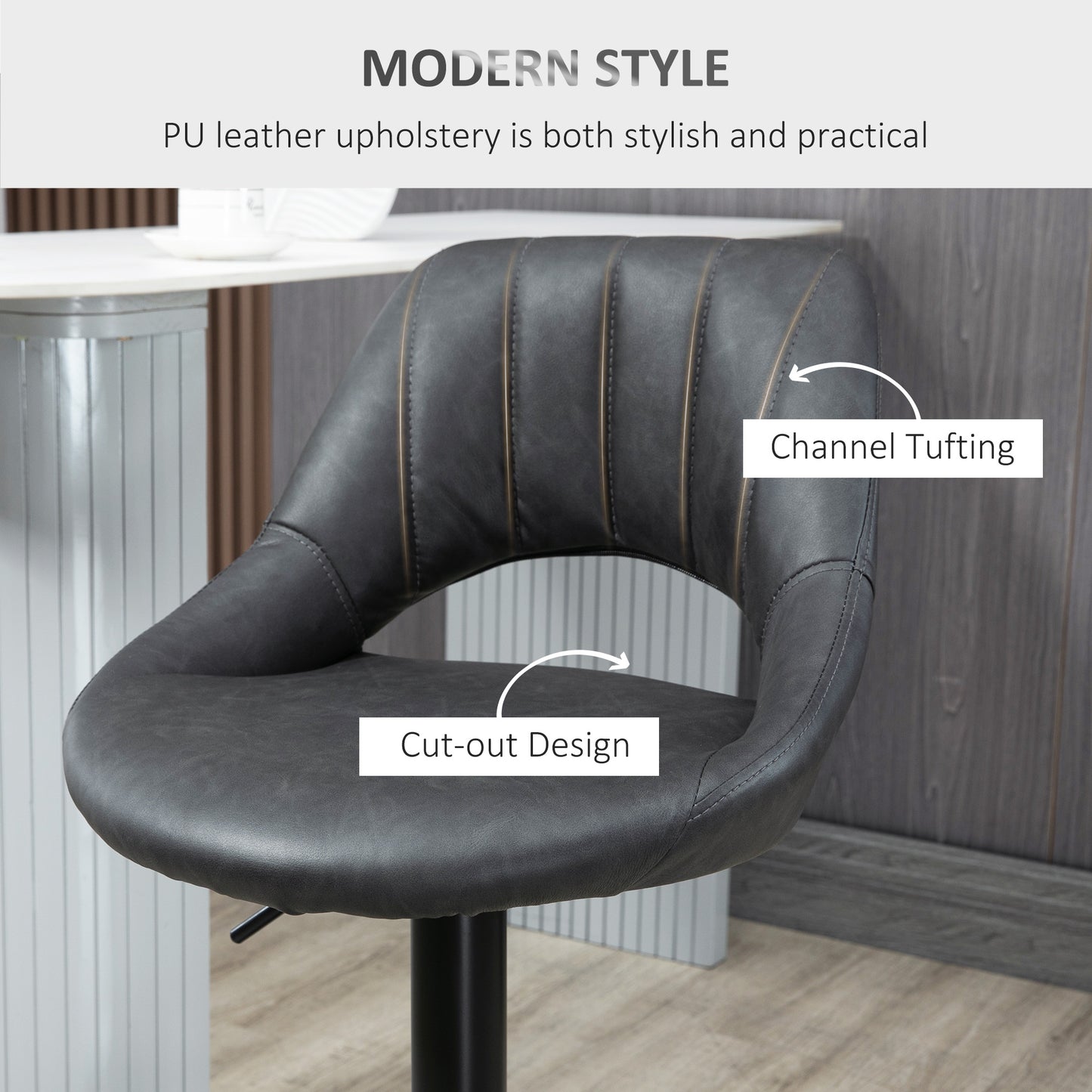 Bar Stools Set of 2, PU Leather Swivel Barstools with Backrest and Footrest for Kitchen, Counter, Breakfast Bar, Grey