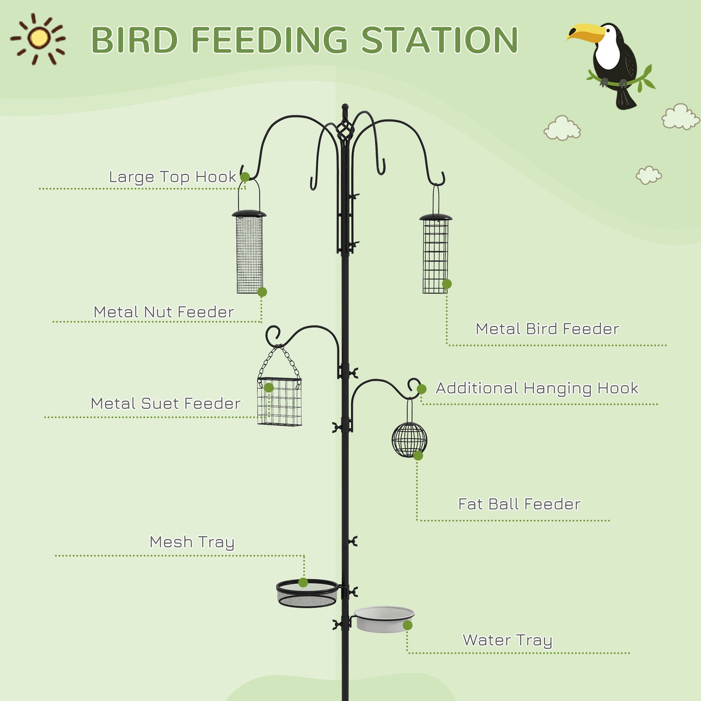 Bird Feeding Station Kit, Wild Bird Feeder Pole with 6 Hooks, 4 Hanging Feeders for Peanuts, Seed, Fat Balls, for Garden