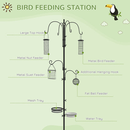 Bird Feeding Station Kit, Wild Bird Feeder Pole with 6 Hooks, 4 Hanging Feeders for Peanuts, Seed, Fat Balls, for Garden
