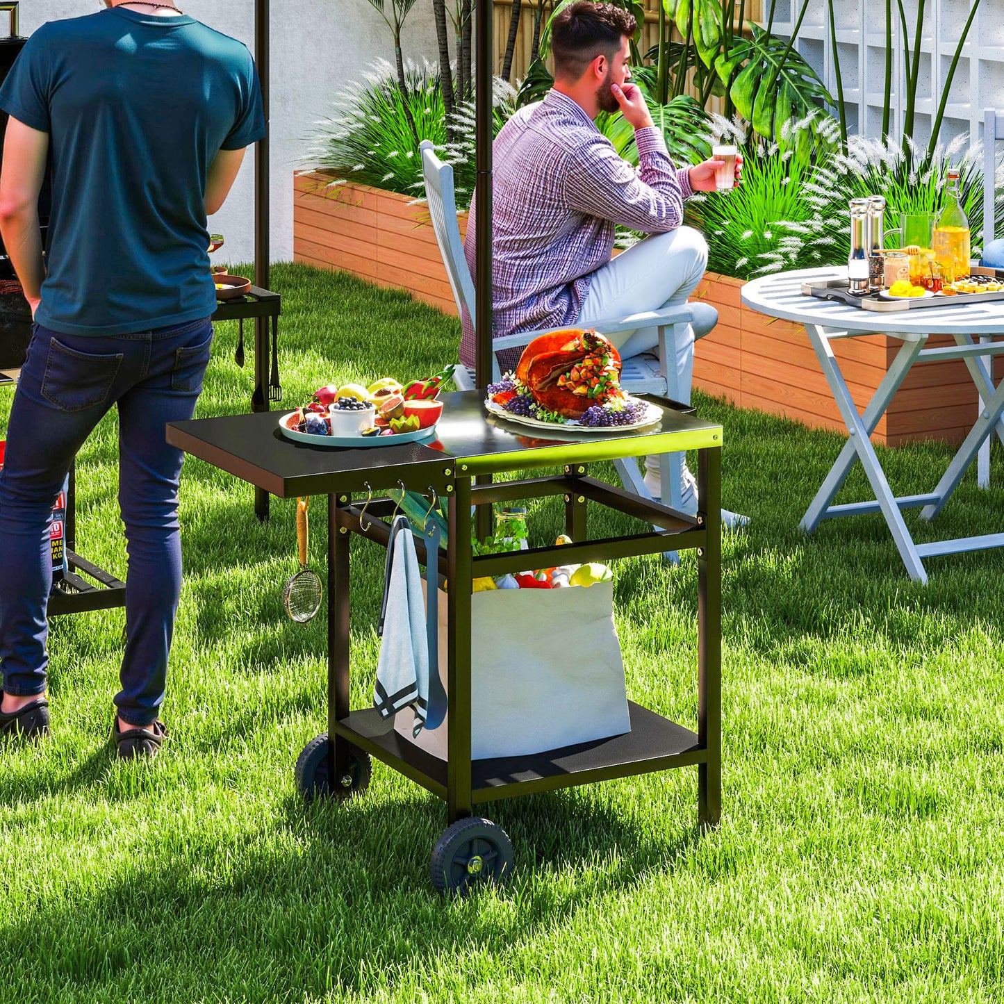BBQ Trolley with Stainless Steel Top and Foldable Side Table, Outdoor Kitchen Barbecue Station with Hooks and Shelf