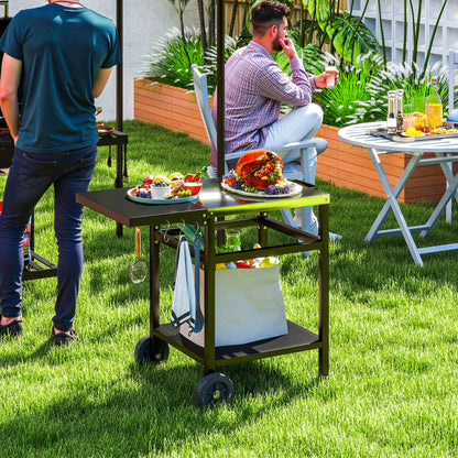 BBQ Trolley with Stainless Steel Top and Foldable Side Table, Outdoor Kitchen Barbecue Station with Hooks and Shelf