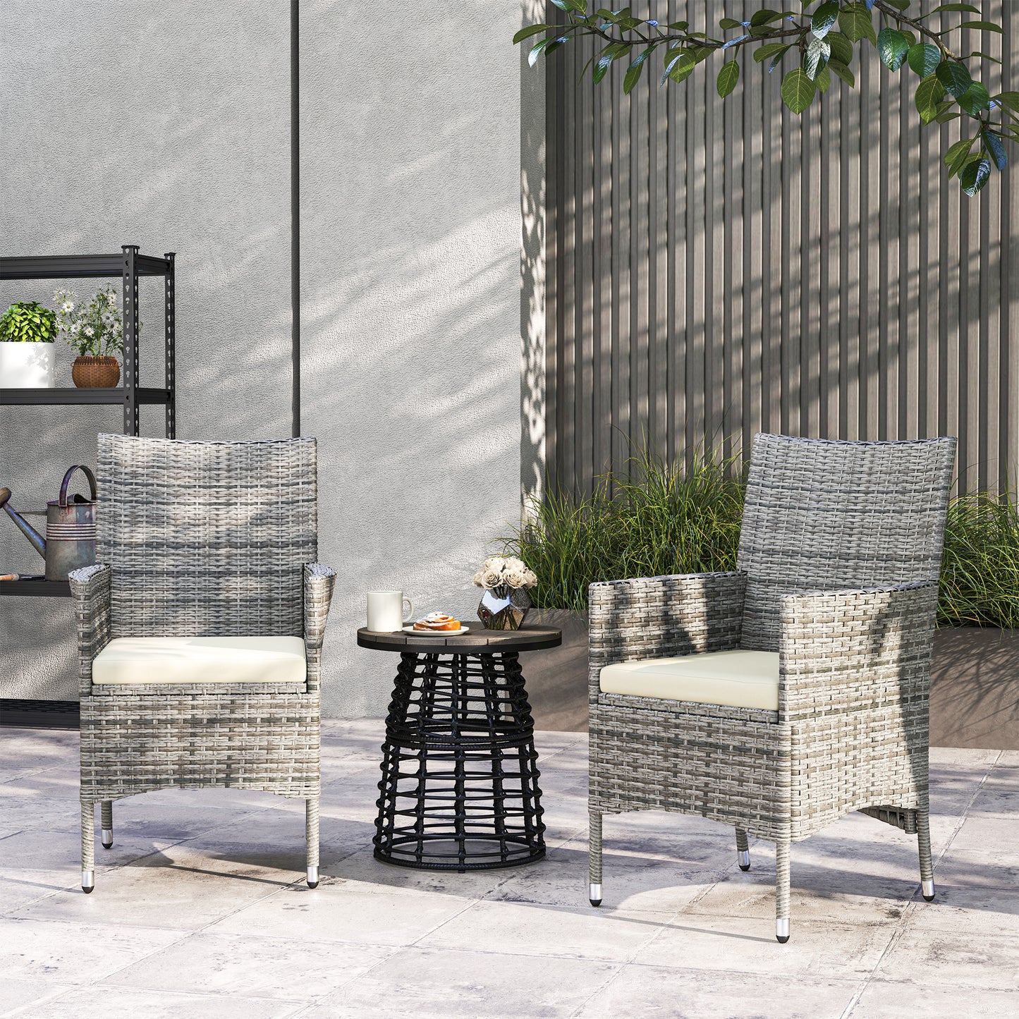 2 Pieces Rattan Garden Chairs Dining Chair Set with Cushion, Mixed Grey