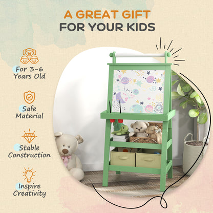 3 in 1 Kids Easel Double-Sided Magnetic Whiteboard and Chalkboard with Paper Roll, Storage Baskets - Green