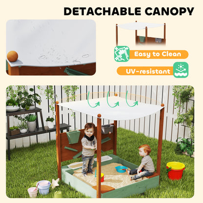Wood Sandpit with Canopy, Storage Bins, Funnel, Liner, Chutes, Bucket with Tap, 116 x 112.5 x 128 cm, Green